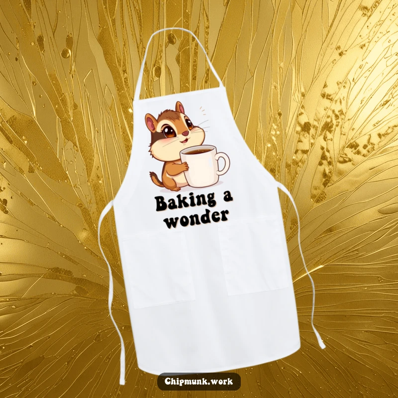 Funny chipmunk with wide eyes looking at a coffee mug, wearing an apron, coffee-themed kitchen humor.