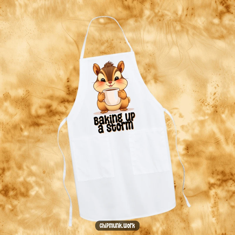 Funny apron with a smiling chipmunk character offering a tiny coffee cup. Perfect for kitchen fun and humor.