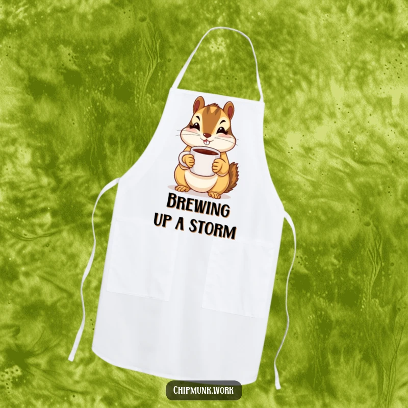 Funny chipmunk wearing an apron offers a tiny coffee mug with both paws, a charming kitchen accessory.