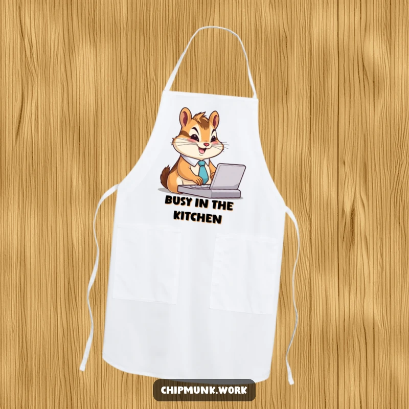 Funny Chipmunk Apron: Chipmunk in a tiny tie, typing furiously with a smile, adding humor to the kitchen, a funny gift.