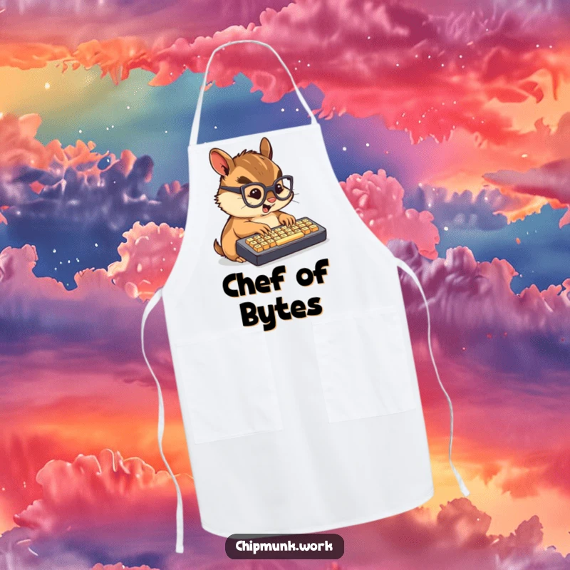 Funny apron with a chibi chipmunk in glasses typing furiously on a mini keyboard while cooking.