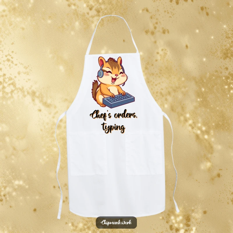 Funny chipmunk with headset typing on a keyboard, featured on an apron for a humorous and focused cooking experience.