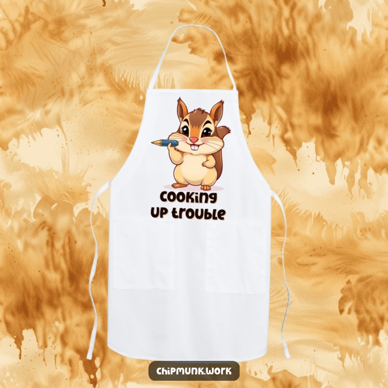 Funny chipmunk wearing an apron, focused on balancing a pen on its nose, a humorous kitchen accessory.