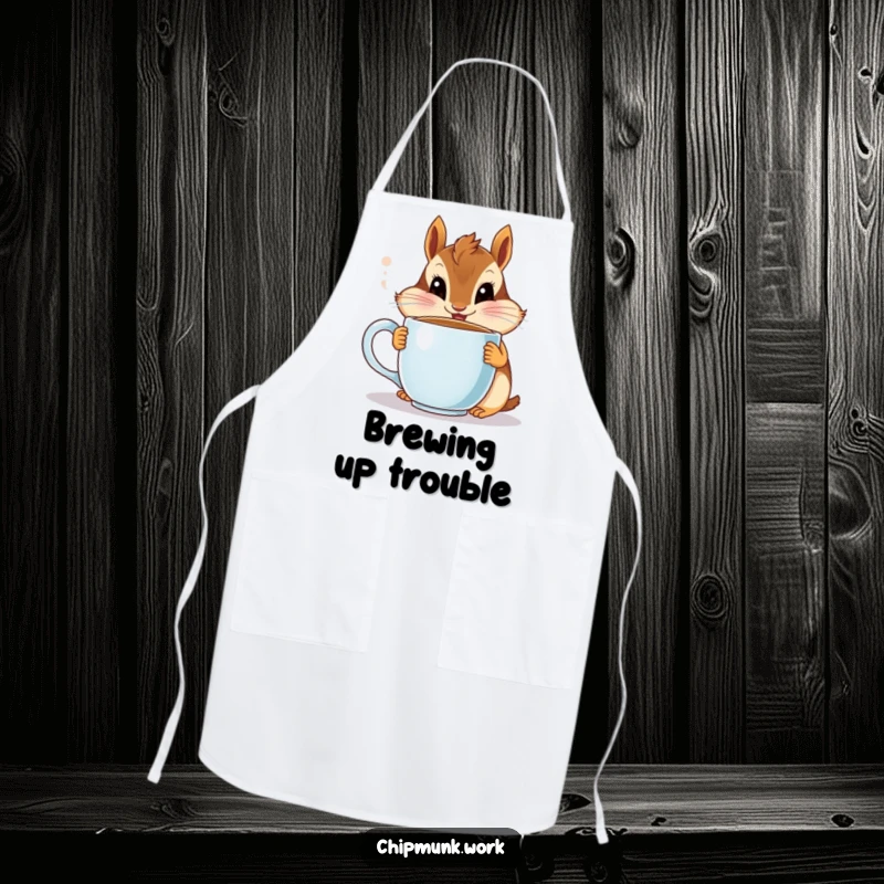 Funny chipmunk apron, a happy critter wide-eyed holding a coffee mug, ideal kitchen gift.