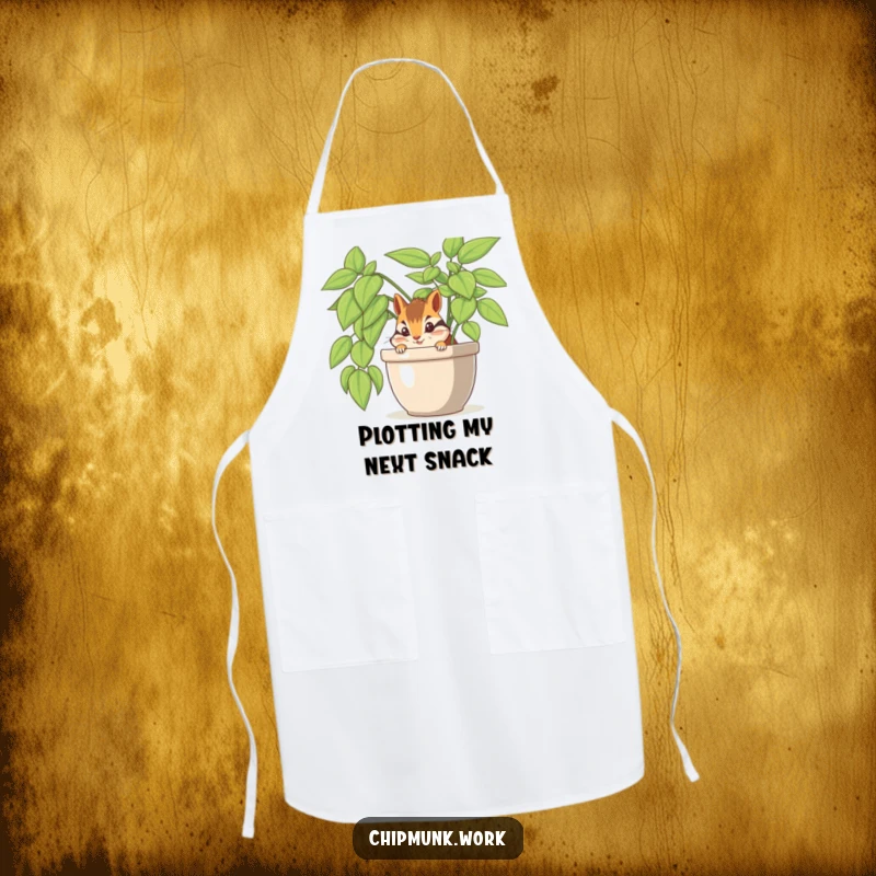Funny chipmunk peeking from an office plant, printed on a durable apron for kitchen fun.