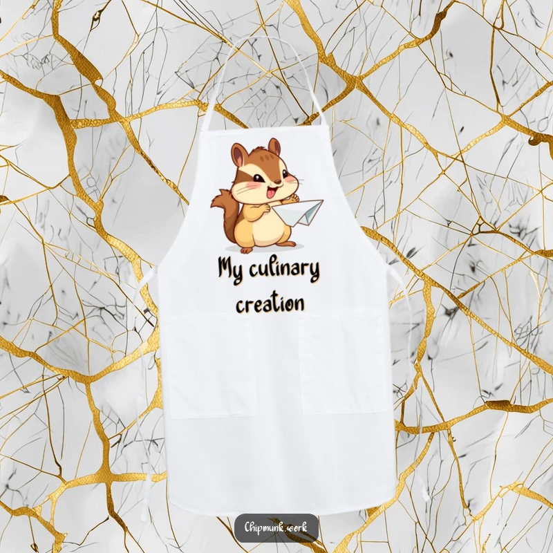 Funny chipmunk apron showing an enthusiastic chipmunk proudly presenting a crumpled paper airplane, ideal for kitchens.