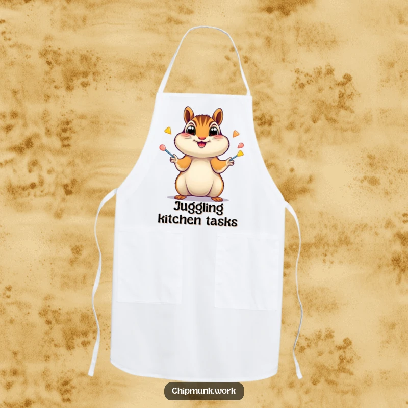 Funny Chipmunk Apron: Chipmunk juggling staplers with wide, excited eyes, adding kitchen humor, a funny gift.