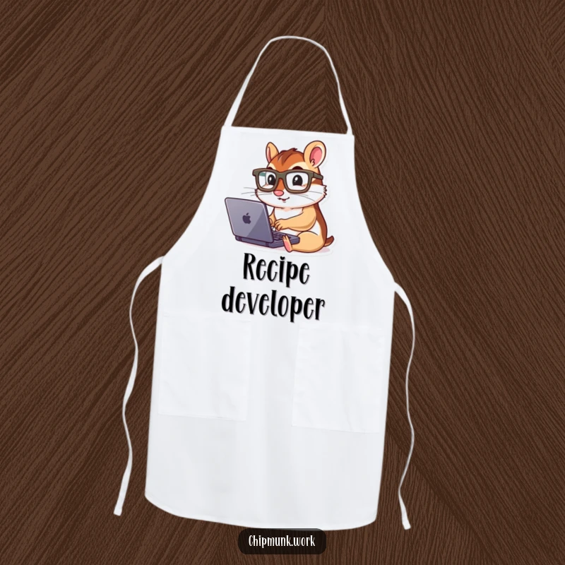 Funny chipmunk in glasses typing on a tiny laptop, wearing a chef apron, ready for focused tasks.