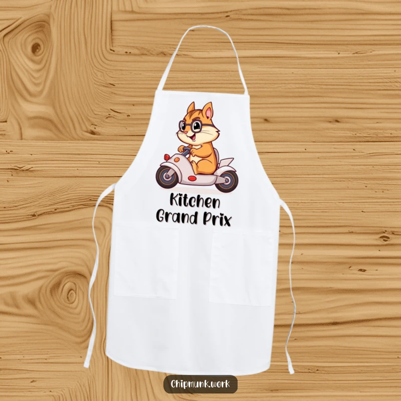 Funny chipmunk racing an office chair like a car, featured on a durable and humorous apron.