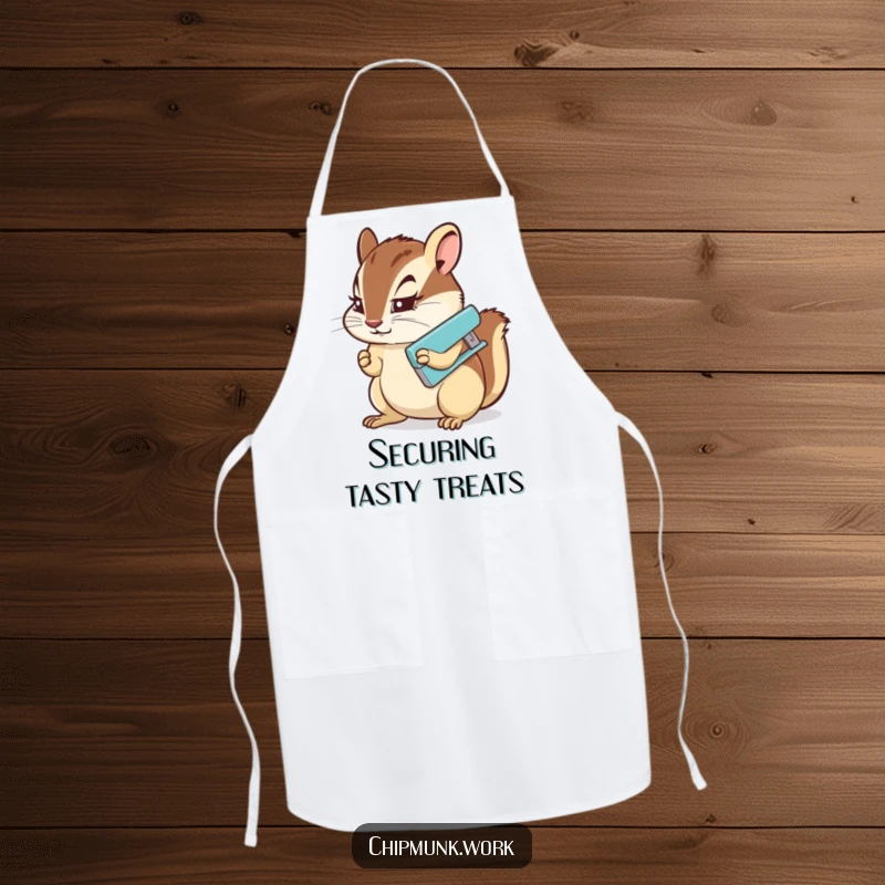 Funny Apron: A chipmunk with a serious expression using a miniature stapler, perfect for a cook who likes things neat.