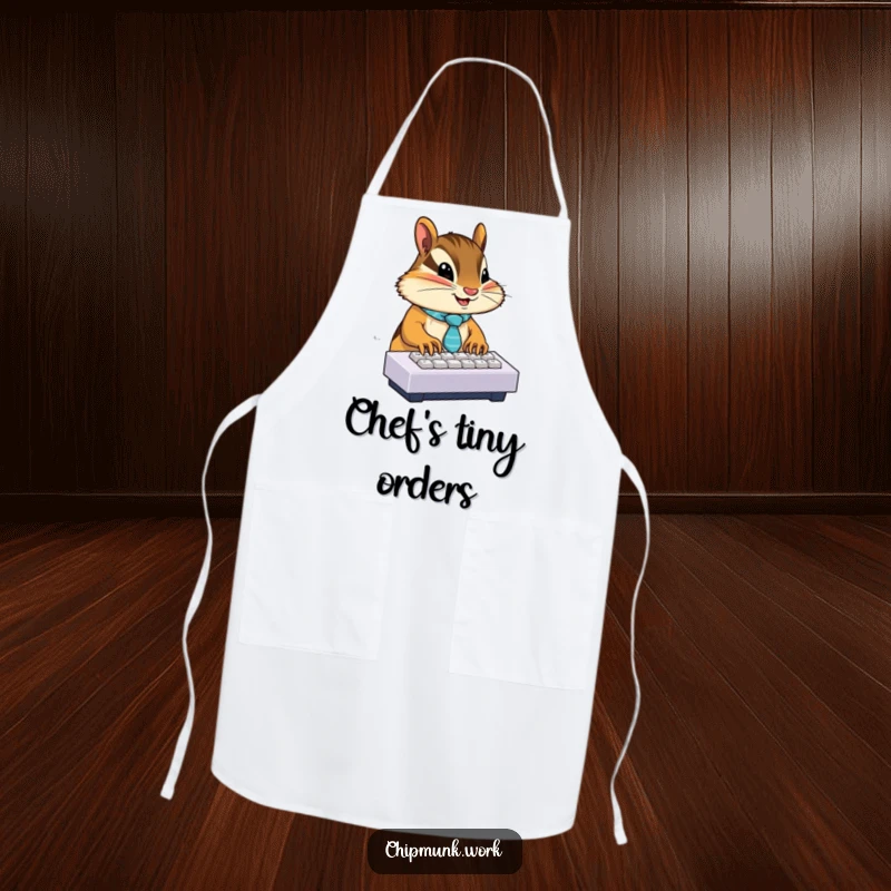 Funny chipmunk wearing a tie, typing on a miniature keyboard, featured on a kitchen apron for humorous cooking sessions.