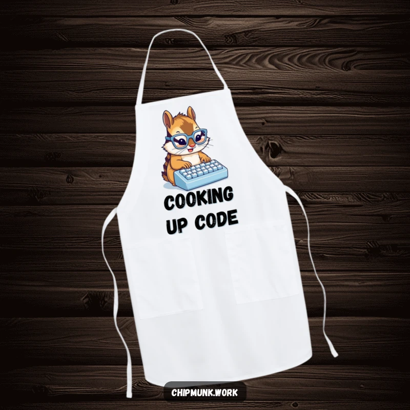Funny chipmunk wearing glasses typing on a miniature keyboard, a humorous kitchen apron for a funny gift.
