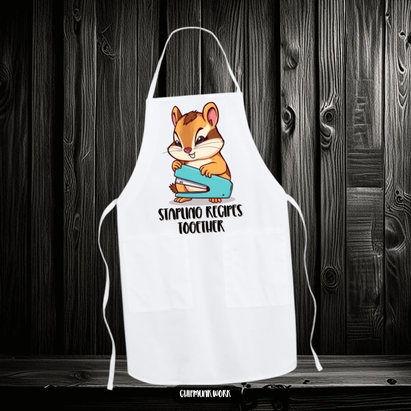 Funny chipmunk determinedly using a miniature stapler, a humorous apron for tackling kitchen tasks with focus.