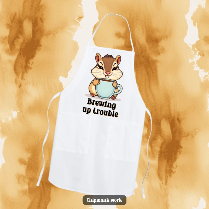 Funny apron featuring a chipmunk with a goofy smile sipping from a tiny coffee cup, perfect for kitchen humor.