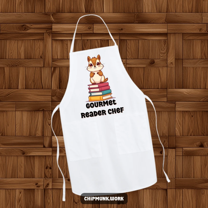 Funny Librarian Chipmunk Apron: Whimsical apron showcasing a scholarly chipmunk on miniature books, ideal for readers who cook.