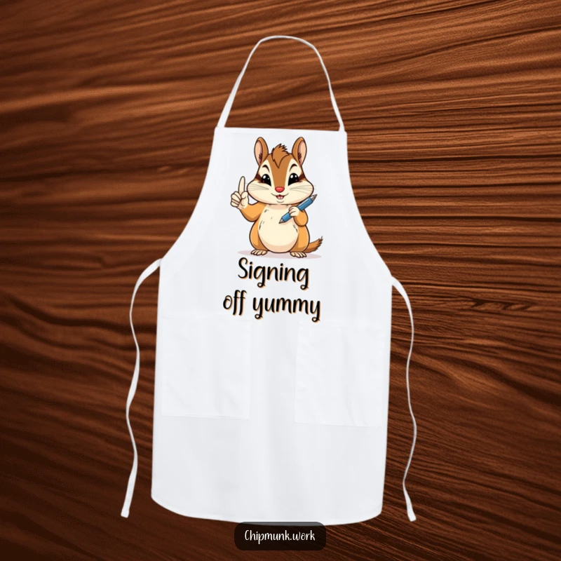 Funny peace sign chipmunk apron featuring a chipmunk holding a pen jauntily, great funny gift.