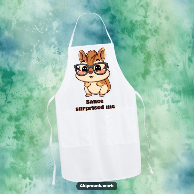 Funny chipmunk apron, character wearing large glasses, looking utterly surprised, perfect for a humorous and functional kitchen accessory.