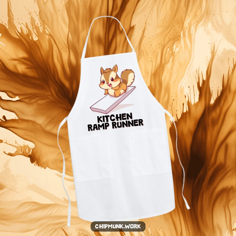Funny chimpanzee apron, cheerfully sliding down a paper ramp during cooking, energetic and humorous wear.