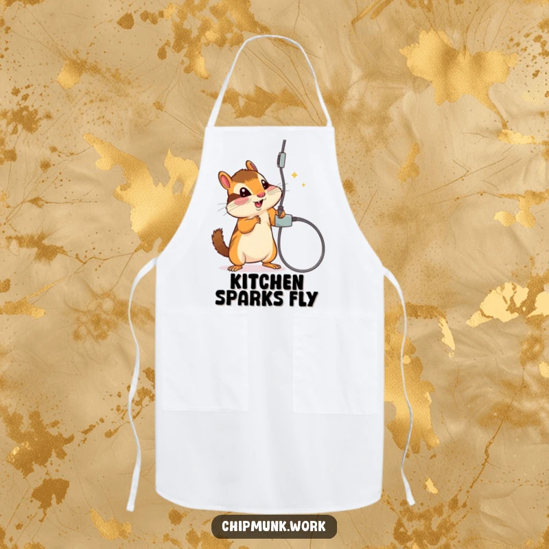 Funny apron featuring a chipmunk playfully batting at a dangling electrical cord, perfect for kitchen humor.