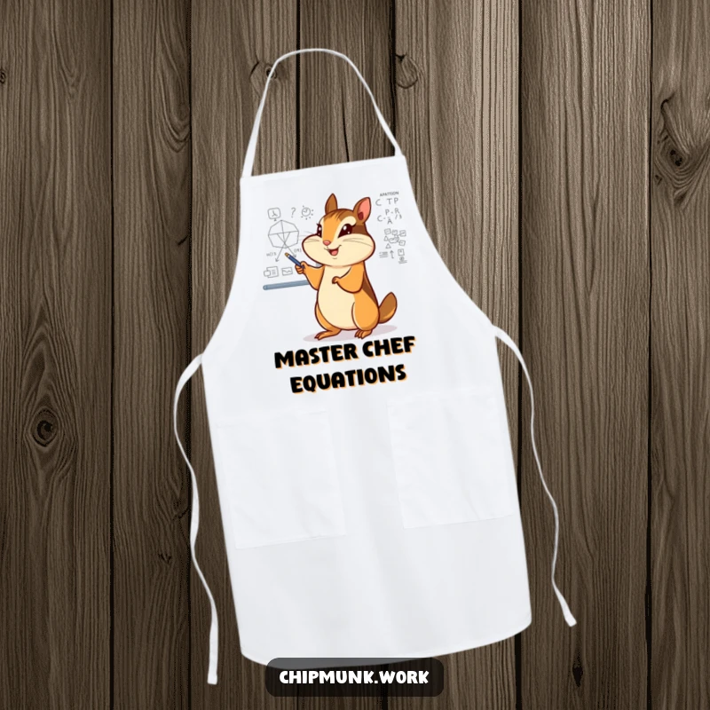 Funny chipmunk apron, enthusiastically pointing at a complex diagram on a whiteboard, perfect for the smart chef.