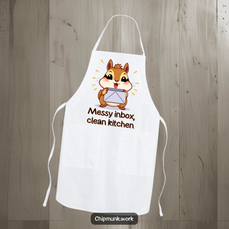 Funny surprised chipmunk apron featuring a chipmunk shocked by a bursting inbox icon, great funny gift.