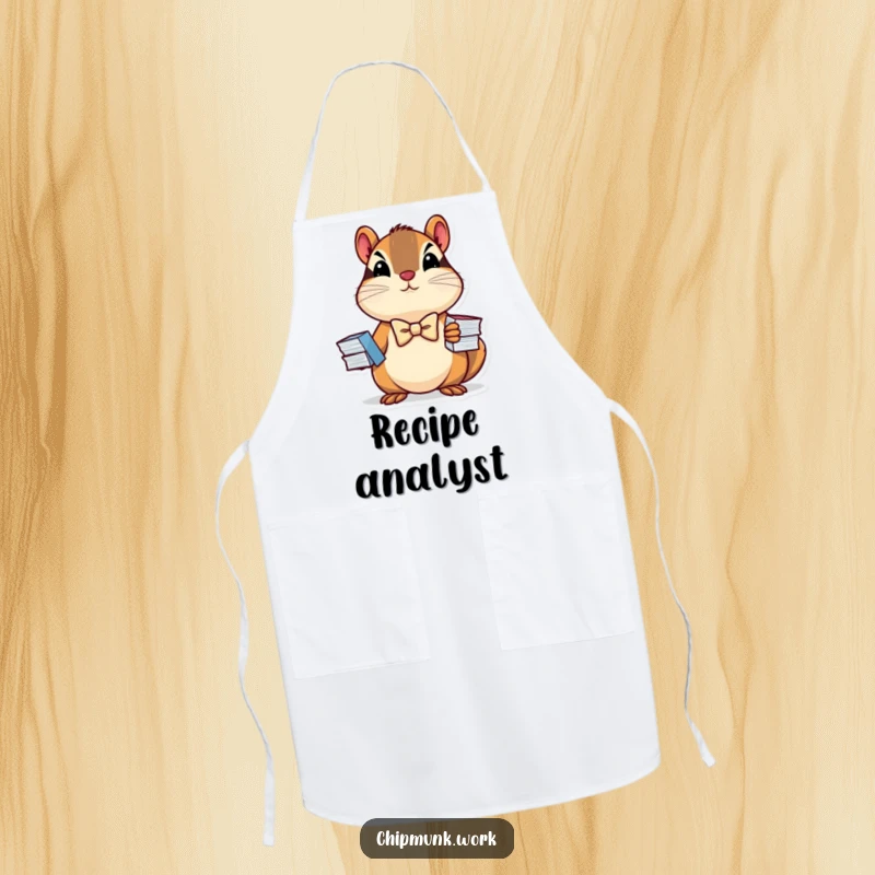Funny apron showing a determined chipmunk wearing a tiny bowtie and holding business charts, perfect for a chef with a business mind.