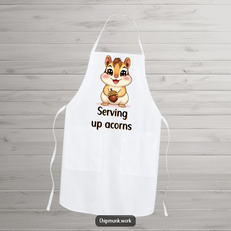 Funny Happy Chipmunk Apron with a cheerful chipmunk presenting an acorn, bringing humor and protection to the kitchen, a delightful funny gift.