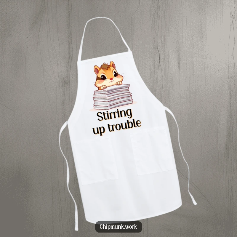 Funny chipmunk apron, peeking over a stack of paperwork with a curious tilt, a humorous and practical garment for tackling tasks.