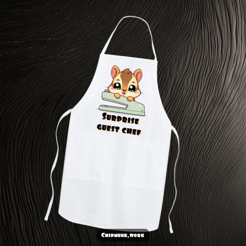 Funny kawaii chipmunk apron showing a cute squirrel peeking shyly from behind a large office stapler.