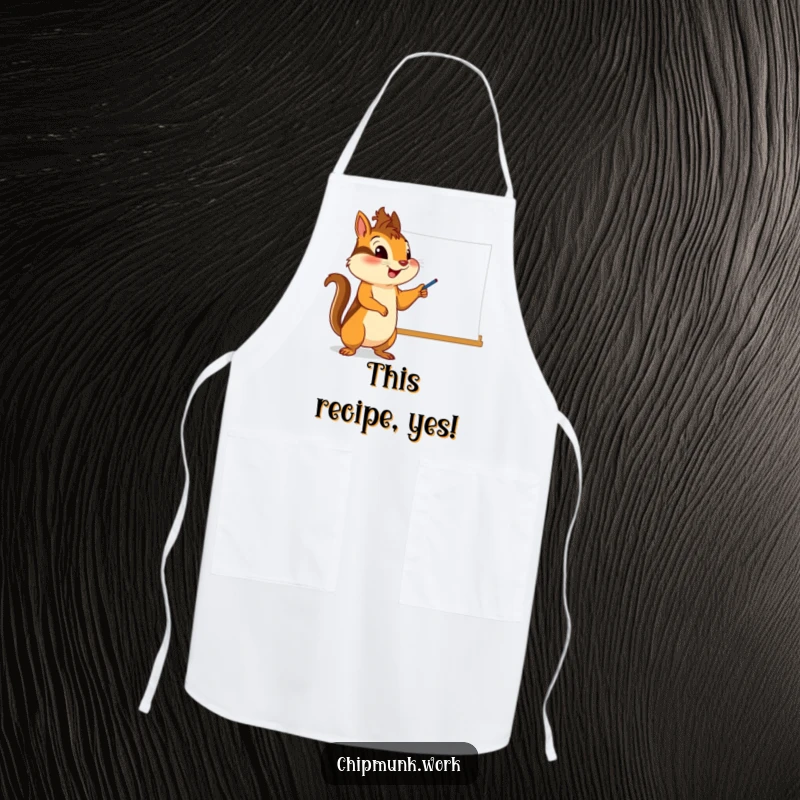 Funny chipmunk apron, character enthusiastically pointing at a whiteboard, perfect for a humorous and functional kitchen accessory.