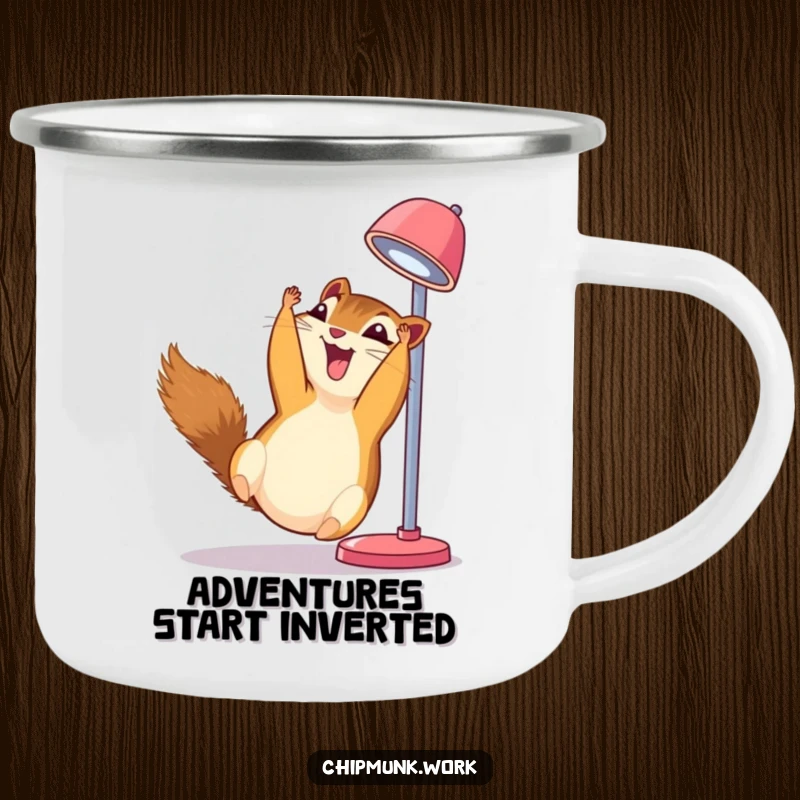 Funny chipmunk camping mug, upside down from a desk lamp, giggling heartily during an outdoor escapade.