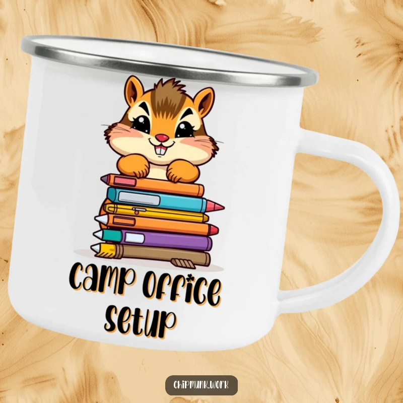 Funny chipmunk camping mug featuring a determined creature stacking colorful, wobbly office supplies, durable for outdoors.
