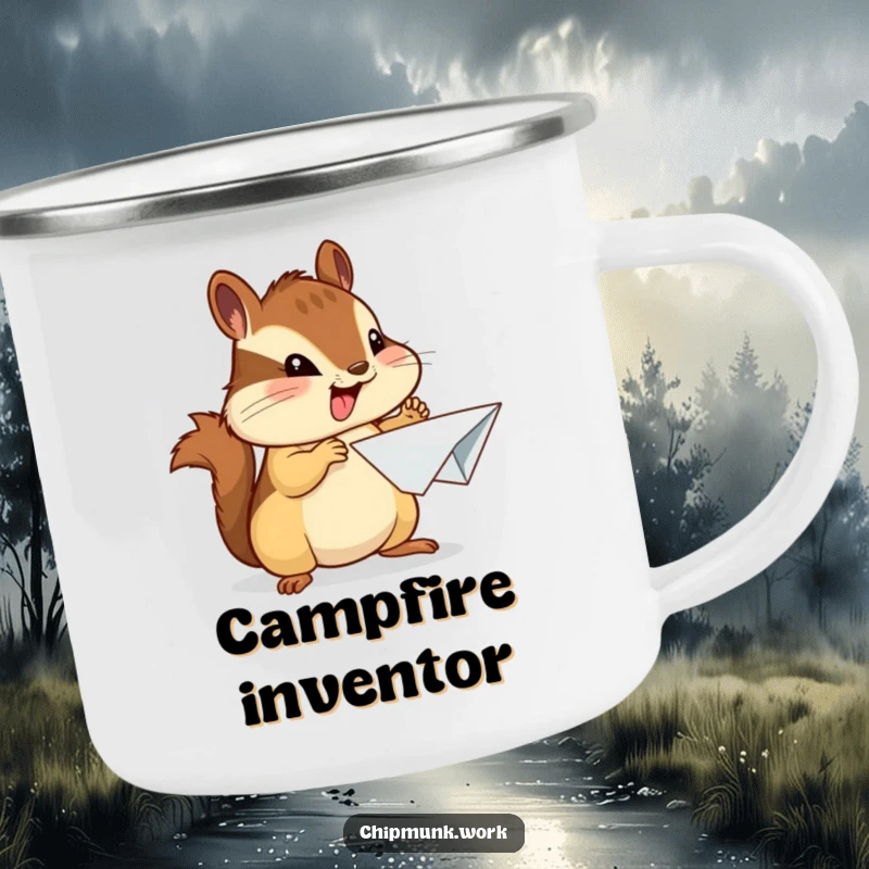 Funny chipmunk camping mug featuring an enthusiastic chipmunk proudly presenting a crumpled paper airplane, durable for outdoors.