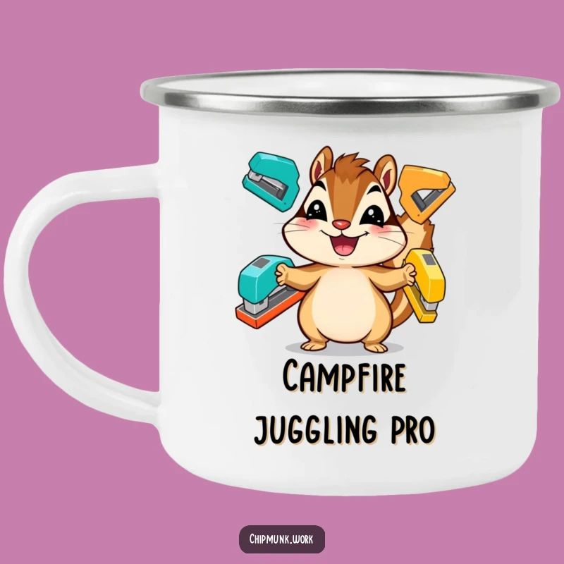 Funny Chipmunk Camping Mug: Juggling Staplers Outdoors, Hilarious Gift