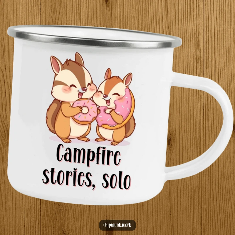 Funny chipmunk winking and sharing a donut with an invisible friend on a camping mug, perfect for outdoor treats and shared humor, a gift.