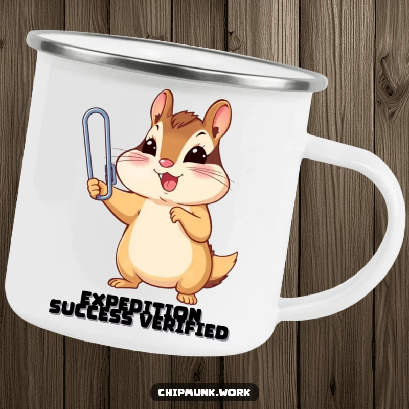 Funny chipmunk triumphantly holding a tiny, oversized paperclip, a durable humorous camping mug for a funny gift.