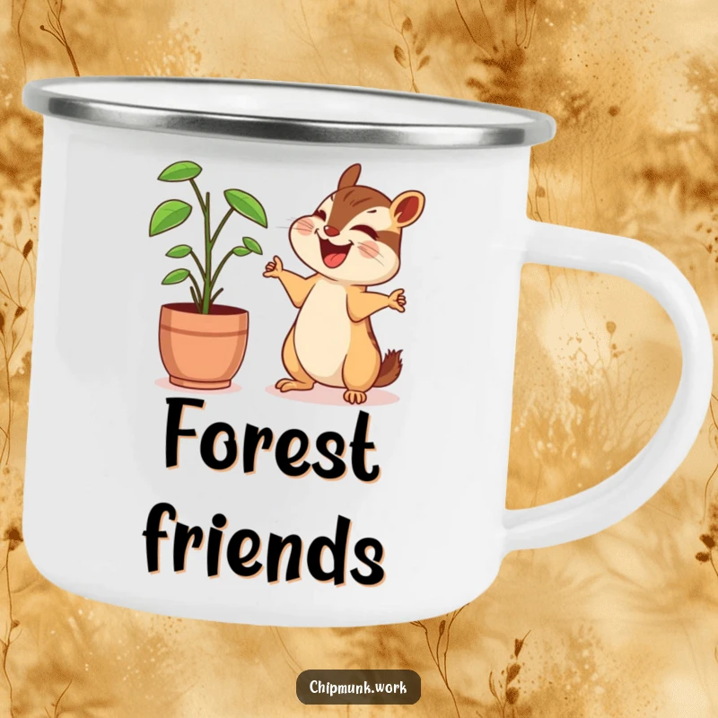 Funny chipmunk camping mug, sharing a laugh with a desk plant, arms outstretched happily, designed for cheerful outdoor moments.