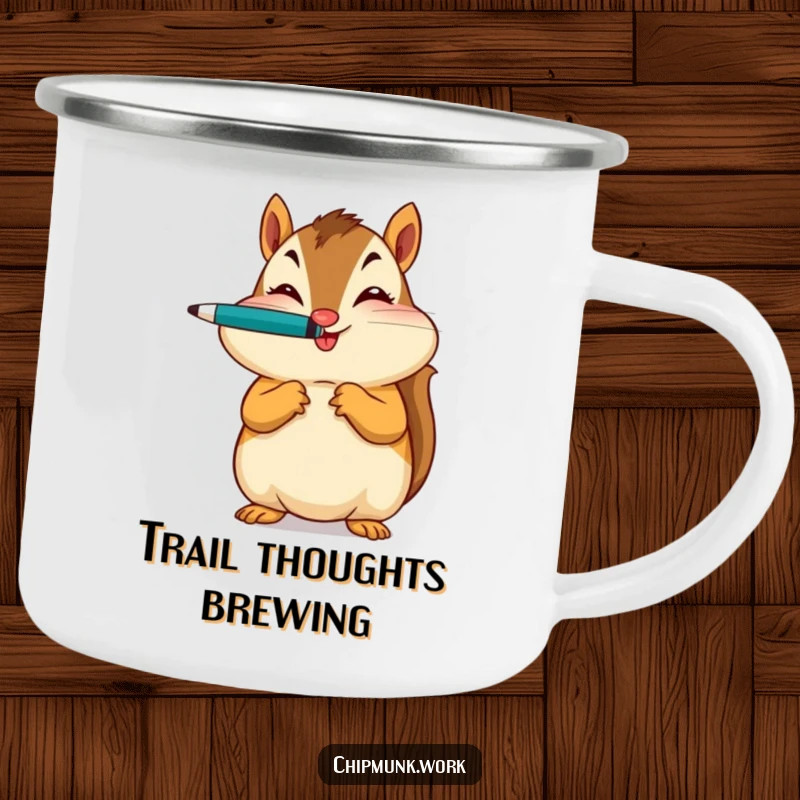 Funny camping mug with a chipmunk balancing a pen on its nose and winking, designed for outdoor humor.