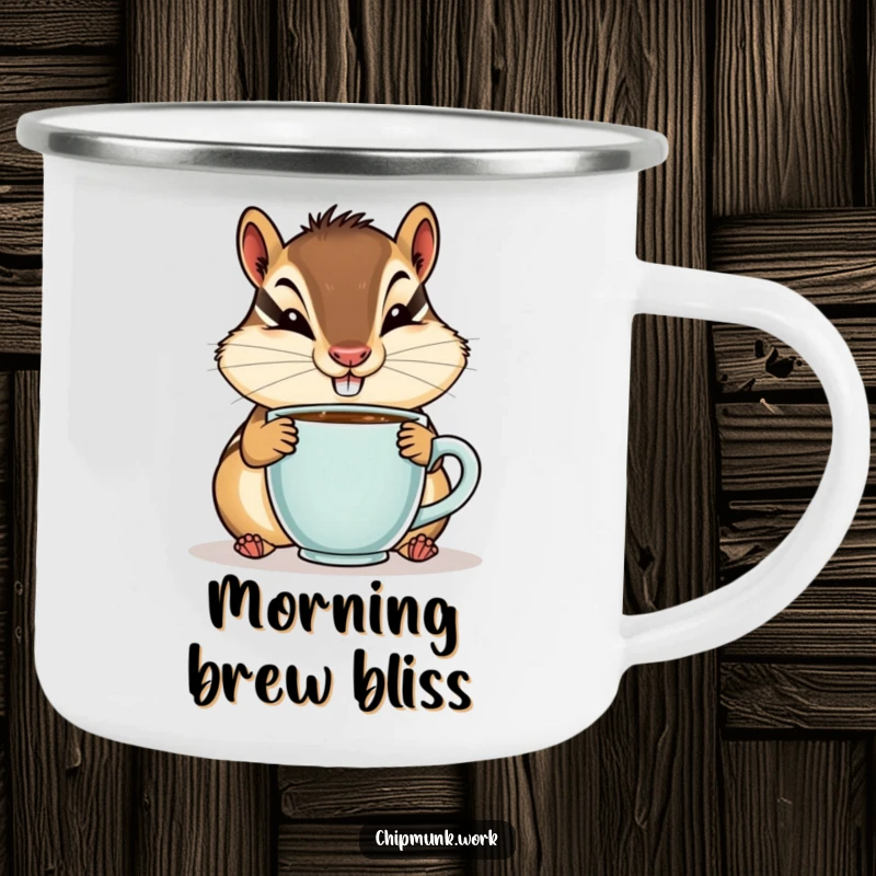 Funny camping mug showing a chipmunk with a goofy smile sipping from a tiny coffee cup, perfect for outdoor coffee.