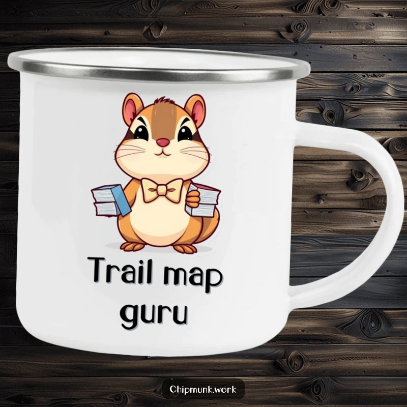 Funny camping mug showing a determined chipmunk in a bowtie holding business charts, perfect for outdoor business planning.