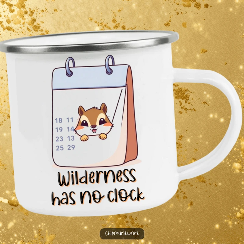 Funny chipmunk peeking from behind a calendar on a sturdy camping mug, bringing humor to outdoor adventures.