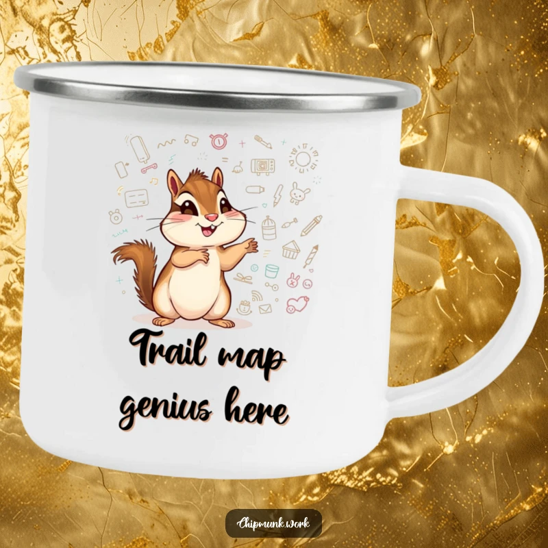 Funny chipmunk camping mug, a cheerful animal pointing at a whiteboard full of colorful doodles.