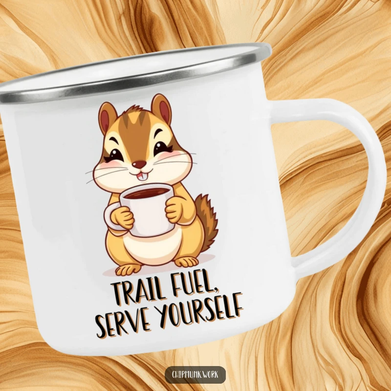 A funny chipmunk offers a tiny coffee mug with both paws on a sturdy enamel camping mug.