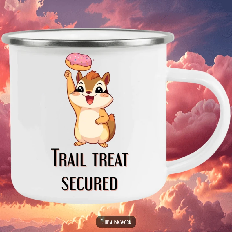 Funny chipmunk camping mug showing a cheerful squirrel triumphantly holding a tiny donut aloft.