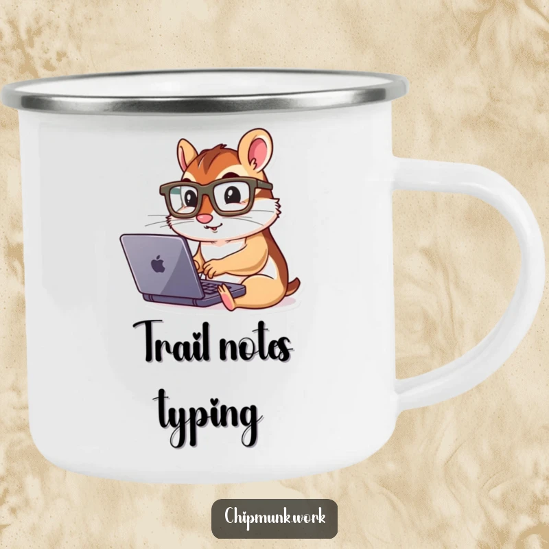 Funny chipmunk typing on a tiny laptop, holding a rugged camping mug, symbolizing productive adventures.