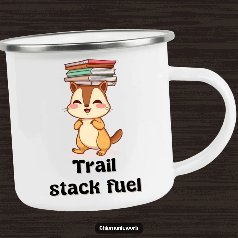 Funny chipmunk balancing a stack of papers on its head, on a rugged camping mug, perfect for humorous outdoor work sessions.