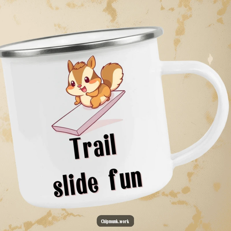 Funny chimpanzee camping mug, cheerfully sliding down a paper ramp, rugged and energetic outdoor drinkware.