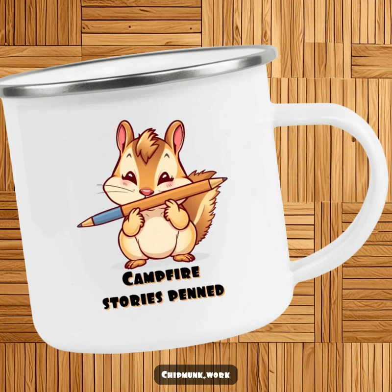 Funny Camping Mug: A chipmunk balancing a pen on its nose with a playful wink, ready for outdoor fun.