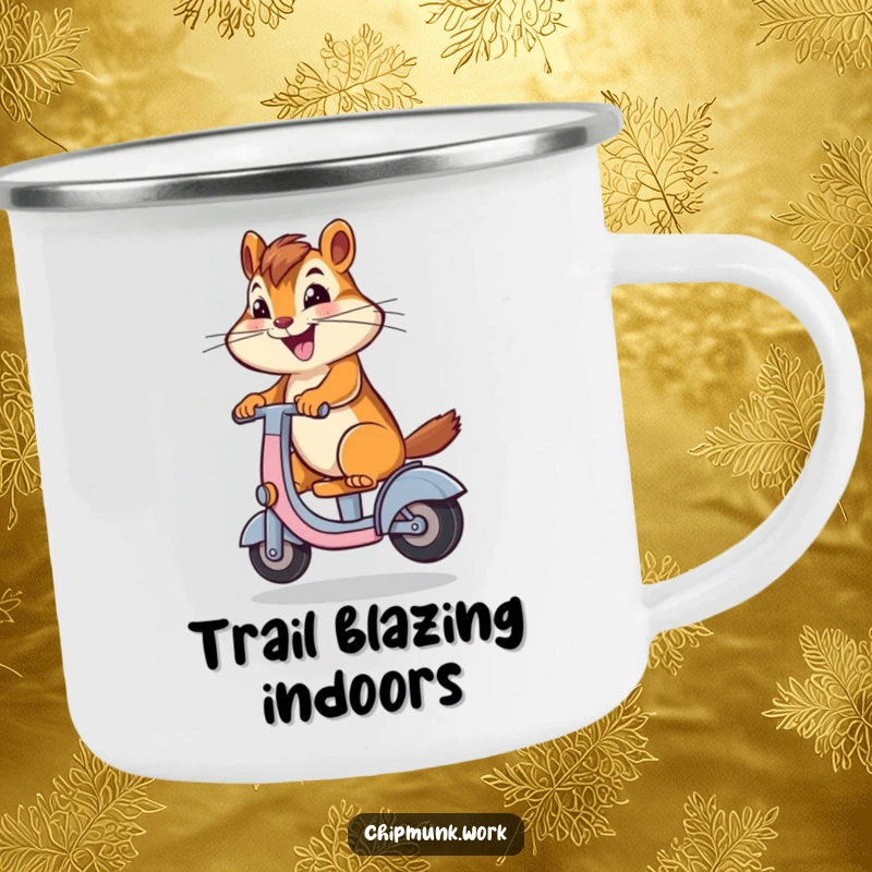 Funny chipmunk joyfully riding a desk chair scooter on a camping mug, perfect for outdoor adventures and humorous moments, a great gift.