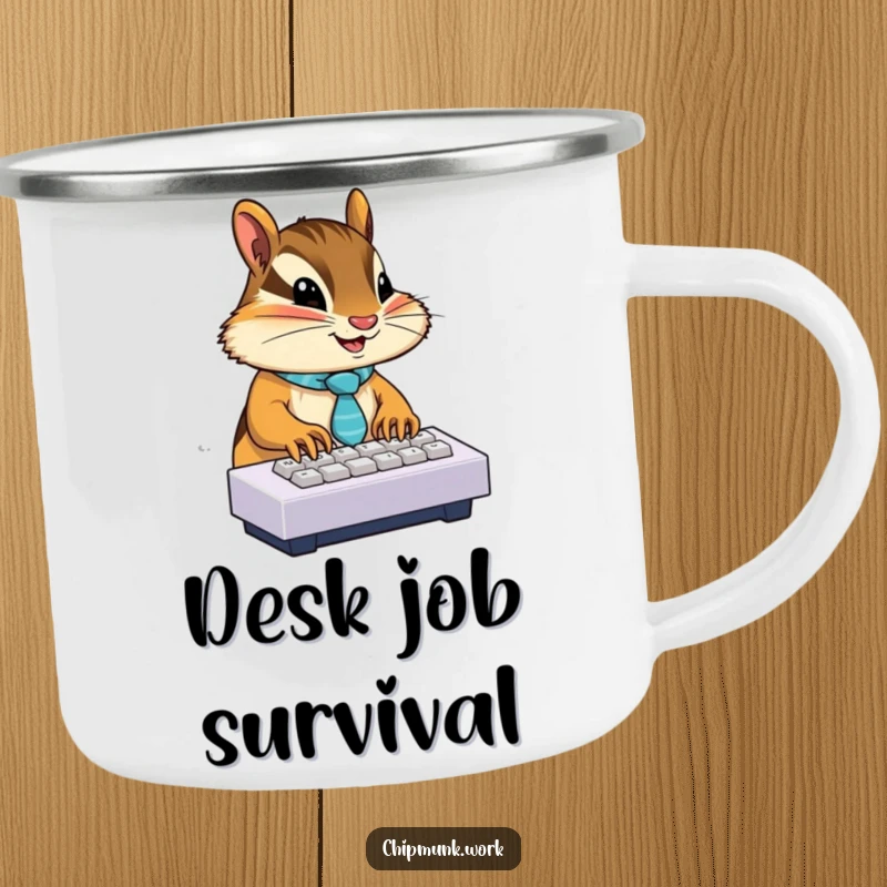 Funny chipmunk wearing a tie, typing on a miniature keyboard, on a rugged camping mug, perfect for humorous outdoor work sessions.